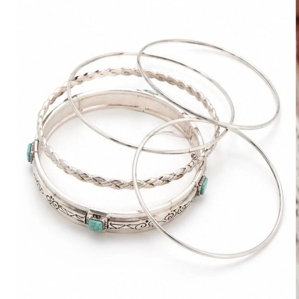 Silver & Turquoise Tone Bangle Bracelet Stack 6 Set Bohemian Southwestern Style